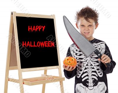 boy in halloween whit slate
