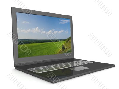 Open laptop with a landscape. 3D image.