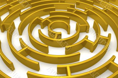 The gold labyrinth with reflection. 3D image.