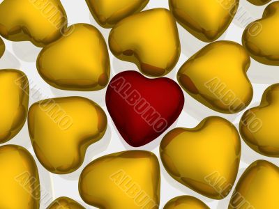One red heart among gold. 3D image.