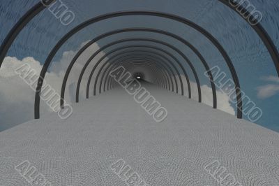 The tunnel in clouds. 3D image.