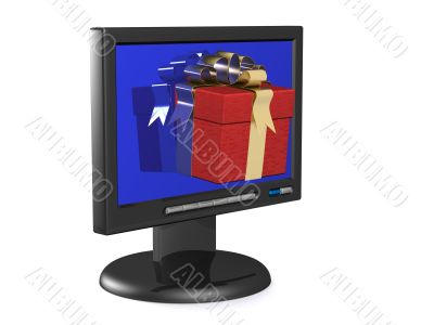 The monitor and gift box. 3D image.