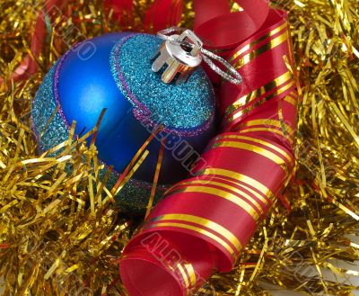 Christmas blue ornaments and ribbons