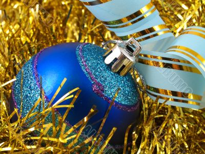 Christmas blue ornaments and ribbons