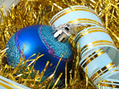 Christmas blue ornaments and ribbons