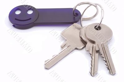 Bunch of keys with dark blue smile trinket.