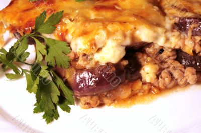 Lamb moussaka with egg plant; cheese and herbs