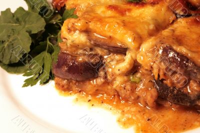 Lamb moussaka with egg plant, cheese and herbs