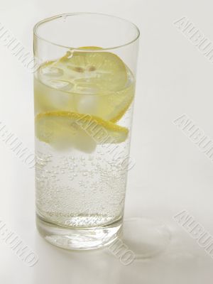 soda water and lemon slices and ice