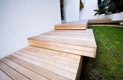 Detail of wood-panelled outside deck