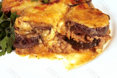 Lamb moussaka with egg plant,cheese and herbs