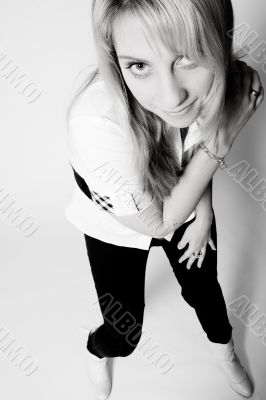 Studio portrait of a long blond girl from above