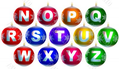 Collection of 13 shiny chrismas baubles, with letters from n to