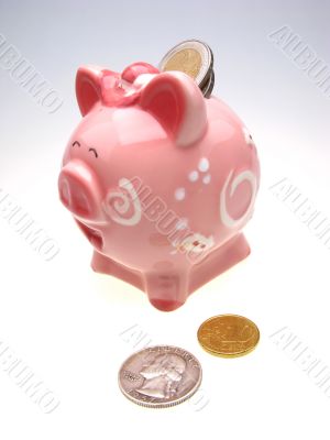 piggy bank and many coins