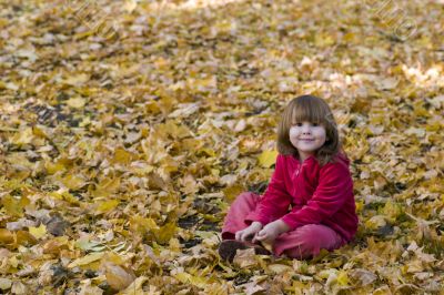 Kid sitting on fallen leaves