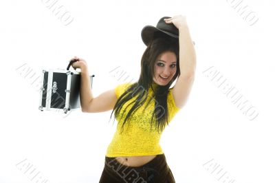 Beautiful brunette with valise