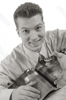 student with book, smile