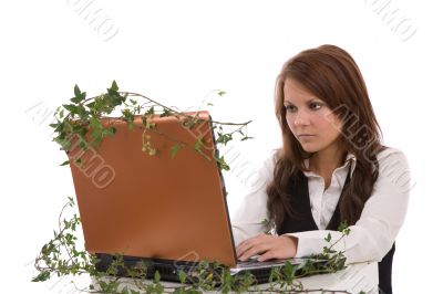 Working on a green laptop