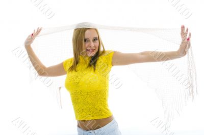 Beautiful blonde in yellow blouse