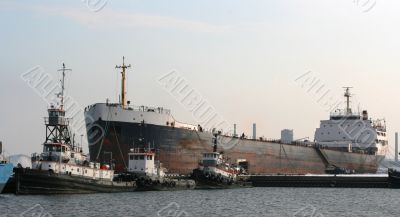 Freighter and Three Tugs