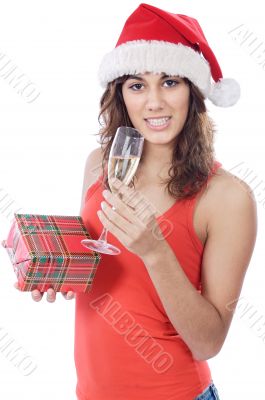 santa girl with present and glass