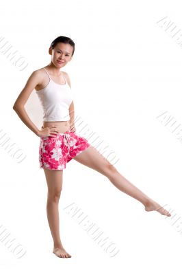 red floral short exercising young girl