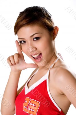 girl in red with l shape hands