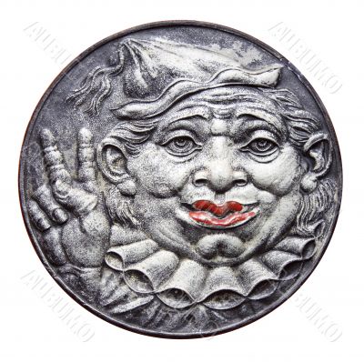 Medal with clown and victory sign