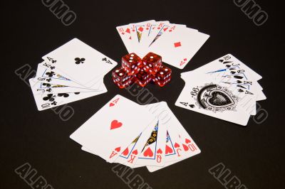 Playing cards and dice. Straight flush.
