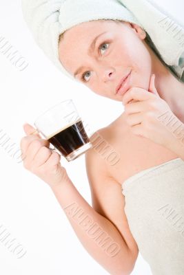 Wellness girl series coffee cup thinking