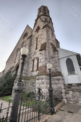 church and lamp posts