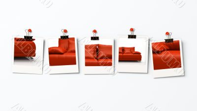 Five polaroid blanks with different parts of red sofa