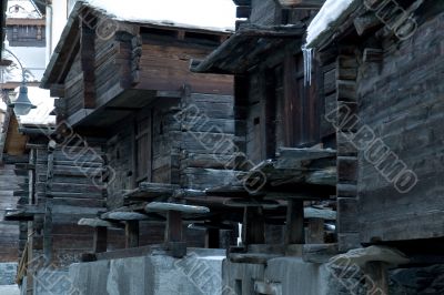 Old storehouses in Zermatt. Swiss old town.