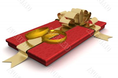 Gift box with wedding rings. 3D image.
