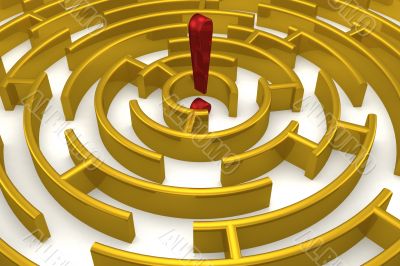 The gold labyrinth with reflection. 3D image.