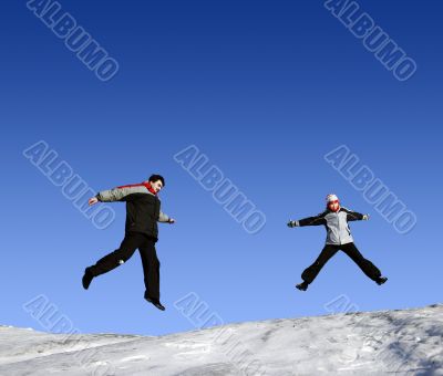 Jumping girls in winter