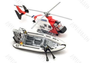 helicopter and motor boat