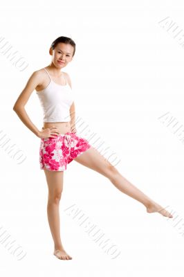 red floral short exercising young girl