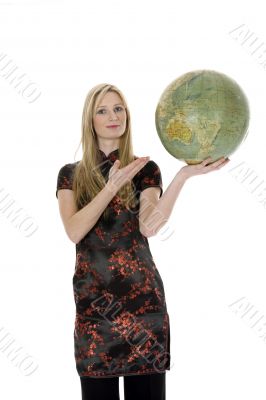 Young woman with  globe