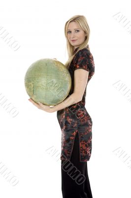 Young woman with  globe