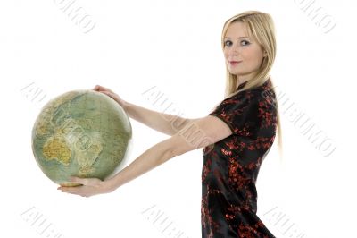 Young woman with  globe