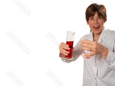 excited young scientist pours liquid