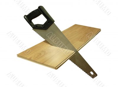 Hacksaw in wooden plate