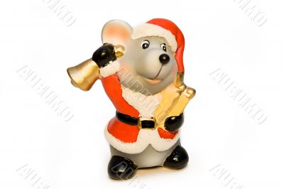 Ceramic mouse-gnome in a red cap with a hand bell