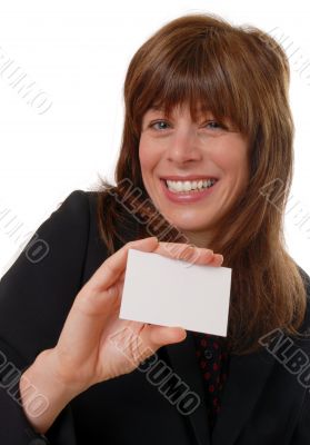 woman with blank business card, space for text