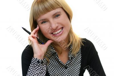 young woman with pen is smiling in office