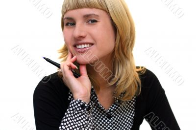 young woman with pen is smiling in office