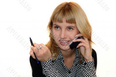 young woman with mobike phone is smiling in office