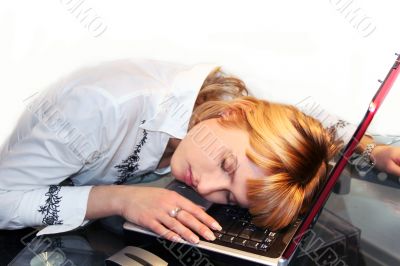 woman is sleaping on the work