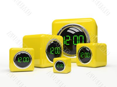 Five yellow clocks isolated on white background 3D